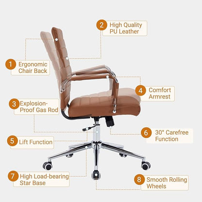Sidanli Office Desk Chairs with Wheels, Executive Swivel Rolling Faux Leather Computer Chair with Comfortable Lumbar Support for Home Office(Mid Back, Brown)