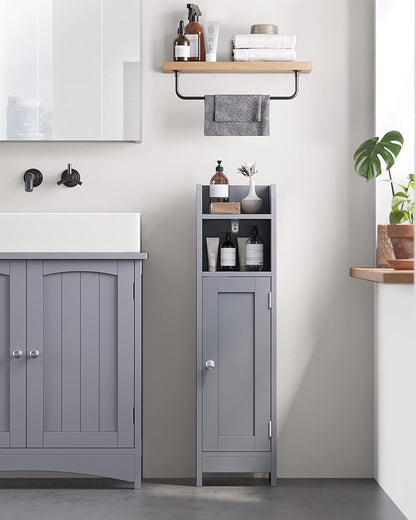 VASAGLE Small Storage Corner Floor Cabinet with Door, 7.9 x 7.1 x 31.5 Inches, Narrow Toilet Paper Storage Holder, Adjustable Shelves, for Bathroom, Living Room, Small Spaces, Dove Gray UBBC310P36
