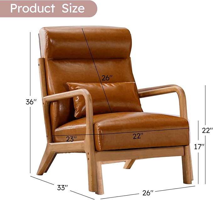 Accent Chair Mid Century Modern Chair PU Leather Living Room Chairs with Solid Wood Frame Comfy Upholstered and Lumbar Pillow Reading Side Chair Easy Assembly for Bedroom (2, Brown)