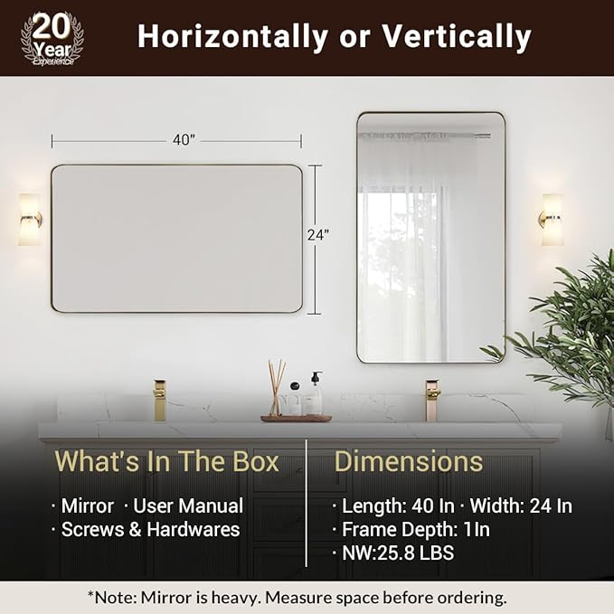 ANDY STAR 24x40 Inch Gold Bathroom Mirror, Stainless Steel Metal Frame with Rounded Corner, Rectangle Glass Panel Wall Mounted Mirror Decorative for Bathroom