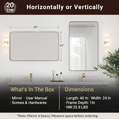 ANDY STAR 24x40 Inch Gold Bathroom Mirror, Stainless Steel Metal Frame with Rounded Corner, Rectangle Glass Panel Wall Mounted Mirror Decorative for Bathroom