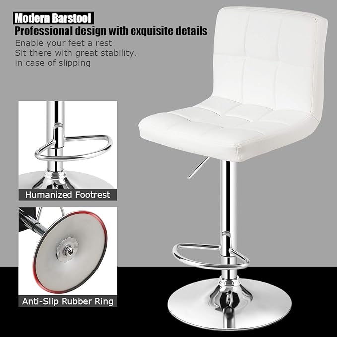 COSTWAY Bar Stool, Modern Swivel Adjustable Height PU Leather Barstools with Back, Square Armless Counter Height Bar Chair for Kitchen Island Dining Living Bistro Pub Counter, White