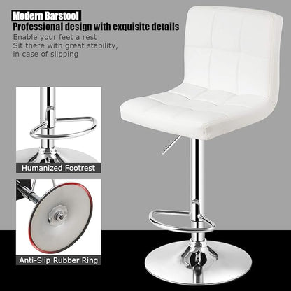 COSTWAY Bar Stool, Modern Swivel Adjustable Height PU Leather Barstools with Back, Square Armless Counter Height Bar Chair for Kitchen Island Dining Living Bistro Pub Counter, White