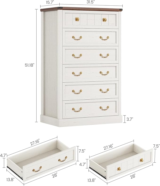 AOGLLATI Farmhouse Dresser with 6 Drawers, 51.2”Tall Wooden Rustic Chest of Drawers with Natural Texture, Vintage Design, Bedroom Dressers with Drawers for Bedroom, Antique White