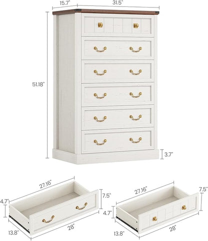 AOGLLATI Farmhouse Dresser with 6 Drawers, 51.2”Tall Wooden Rustic Chest of Drawers with Natural Texture, Vintage Design, Bedroom Dressers with Drawers for Bedroom, Antique White