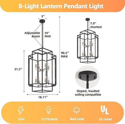 High Ceiling Foyer Chandelier: 8-Light Farmhouse Lantern Chandeliers for Entryway Industrial Large Pendant Light Fixtures for Entry Staircase Hallway Dining Room Kitchen Island, Black & Silver
