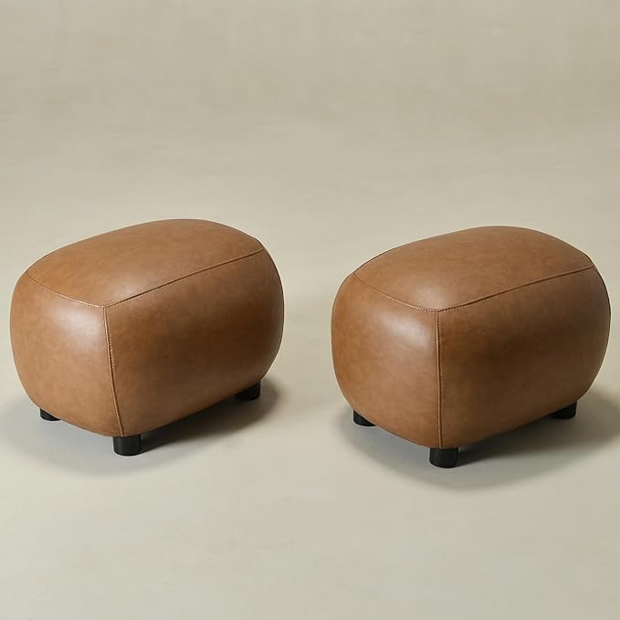 KINWELL 23" Wide Faux Leather Upholstered Ottoman Set of 2, Mid-Century Modern Living Room Footrest with Soft Padded Seat, Footstool for Bedroom, Entryway or Living Room, Camel