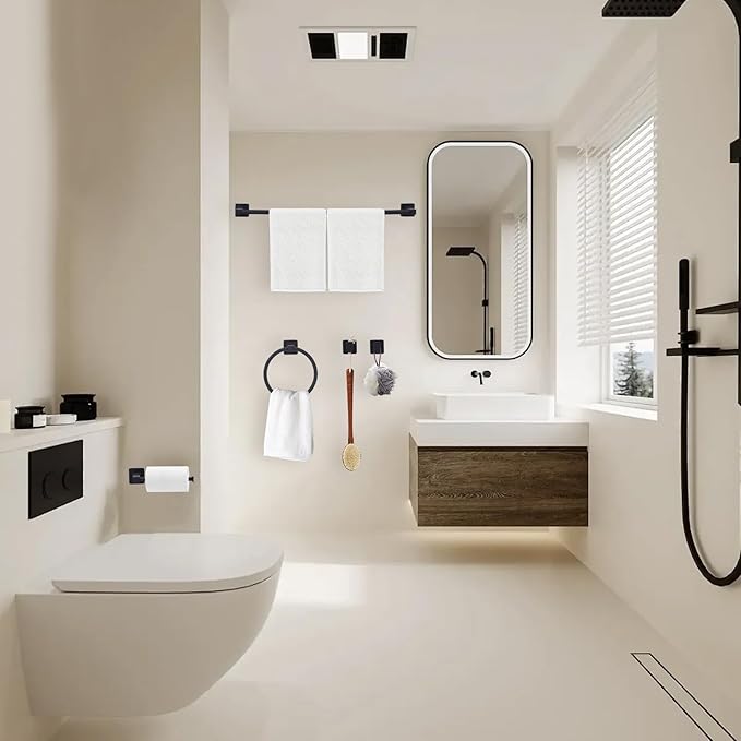 5 Pieces Black Bathroom Hardware Set,Wall Mounted 23.6 inch Towel Bar Set Matte Black,Towel Rack Set,Toilet Paper Holder,Matte Black Bathroom Accessories Set