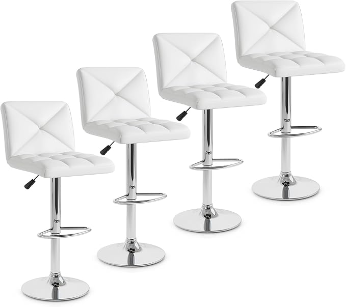 COSTWAY Bar Stools Set of 4, Modern PU Leather Swivel Bar Chairs, Height Adjustable Upholstered Barstools with Premium Gas Rod, Sturdy Footrest, Round Base, for Kitchen, Dining Room, Office, White