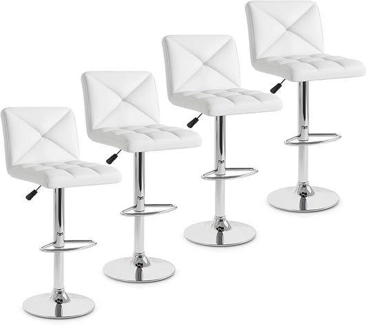 COSTWAY Bar Stools Set of 4, Modern PU Leather Swivel Bar Chairs, Height Adjustable Upholstered Barstools with Premium Gas Rod, Sturdy Footrest, Round Base, for Kitchen, Dining Room, Office, White