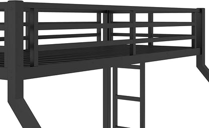 Twin XL Over Queen Bunk Bed Frame with Noise Reduced Design, Heavy Buty Floor Bunk Bed Twin XL Over Queen Bunk Beds with Build in Ladder for Adults, Teens(Black Floor Bunk Bed)