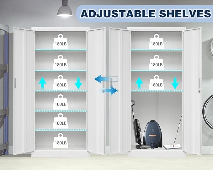 BESFUR Metal Cabinet with 5 Adjustable Shelves and 2 Doors, Locking Storage Cabinet for Garage, Classroom and Office -White