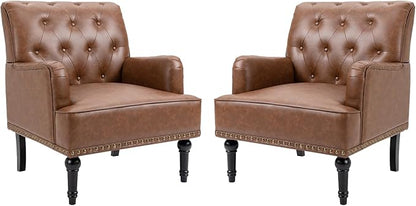 MOJAY Faux Leather Accent Chair Set of 2, Mid-Century Modern Living Room Chair Lounge Study Sofa Chair with Sturdy Wood Legs, Club Chair Armchair for Bedroom Home Study Reception (Brown)