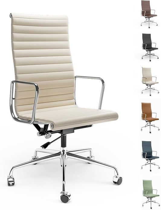 High Back Genuine Leather Ribbed Office Chair-Ergonomic Desk Chair with Aluminum Alloy Armrest & Frame, Swivel Silent Wheels & Tilt Function, Adjustable Height