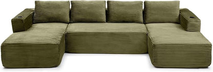 132 Inch Modular Sectional Sleeper Sofa, Boneless Cloud Couch for Living Room, U Shaped 5 Seat Sofa with 2 Cup Holders, Free Combination, No Assembly Required (Green)