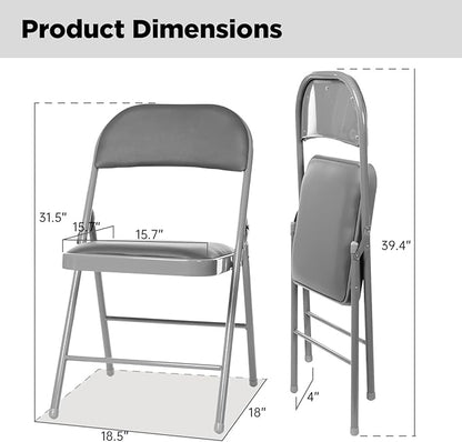 4 Pack Folding Chairs with Padded Seats, Padded Folding Chair with Steel Frame for Events Home Office, Pu Leather Folding Chair Grey