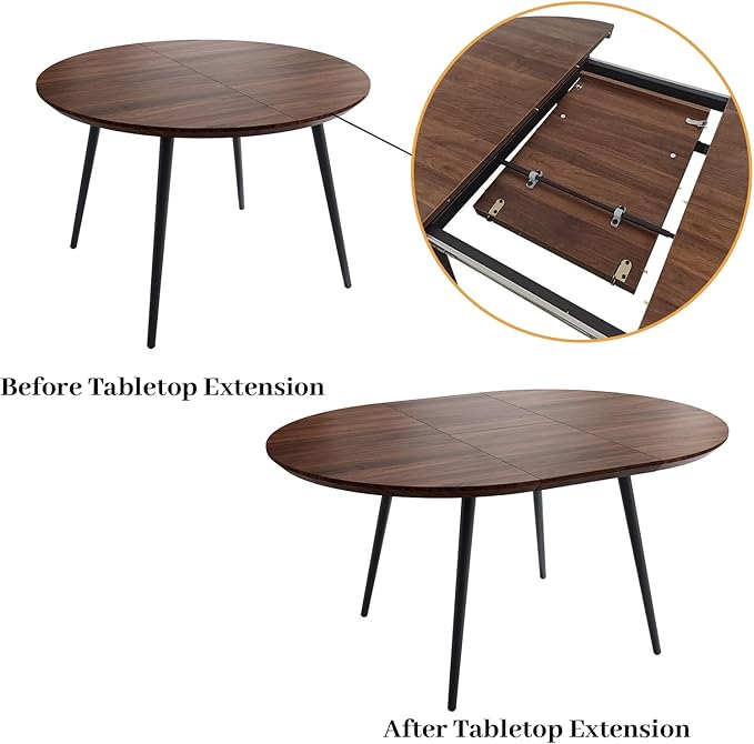 43.3"-59.1" Extendable Round Dining Table Set of 6, Mid Century Wooden Round Kitchen Table, Coffee Table for 4-6 Person,6 Gray PU Leather Chair