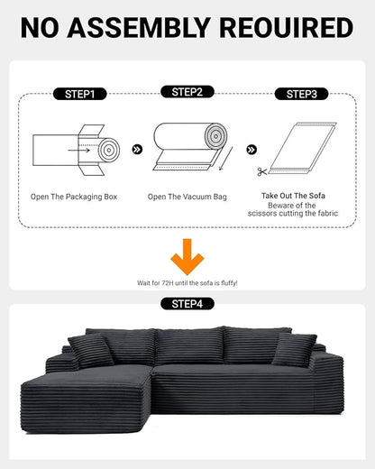 108 Inch Cloud Sectional Couch,Modern Modular Sectional Sofa with Deep Seat,Corduroy Boneless Couches with L-Shape Chaise for Living Room,No Assembly Required (Black, Left Facing Chaise)