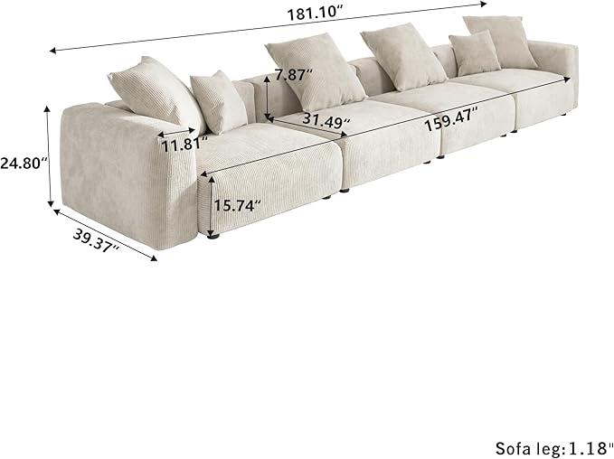 WJShome Oversized Modular Sectional Sofa Couch,4 Seater Corduroy 181.1" Convertible Sofa & Couch Free Combination for Living Room,Beige