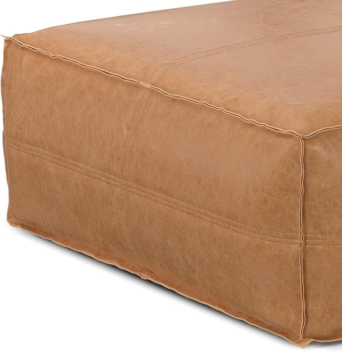 SIMPLIHOME Brody 36-inch Wide Extra Large Square Coffee Table Pouf in Distressed Brown Vegan Faux Leather, Boho-Style Ottoman, Footrest, or Extra Seating for Living Room, Assembled