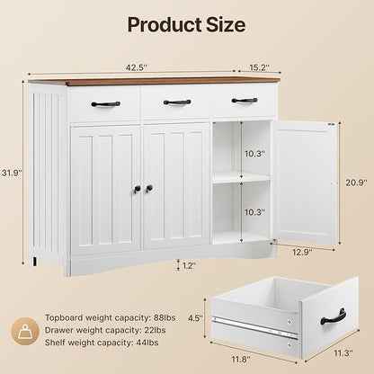 Gizoon Farmhouse Sideboard Buffet Cabinet, 42.5'' Kitchen Storage Cabinets with 3 Drawers and Barn Doors, Wood Coffee Bar Cabinet with Adjustable Shelf for Kitchen, Dining Room, Living Room, Retro