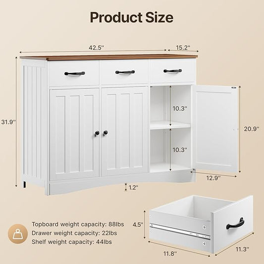 Gizoon Farmhouse Sideboard Buffet Cabinet, 42.5'' Kitchen Storage Cabinets with 3 Drawers and Barn Doors, Wood Coffee Bar Cabinet with Adjustable Shelf for Kitchen, Dining Room, Living Room, Retro
