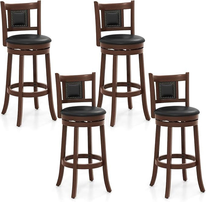 COSTWAY Bar Stools Set of 4, 30.5” Swivel Upholstered Bar Height Bar Stool w/Curved Backrest & Cushioned Seat, Solid Rubber Wood Legs & Resting Footrest, Bar Chairs for Kitchen Island (4, 30.5”)