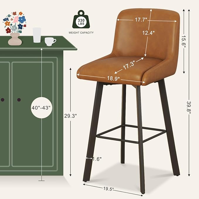 Swivel Counter Height Bar Stools Set of 4, 30''H Upholstered Barstools with Backs, Modern Bar Stool Chairs for Kitchen Island, Metal Legs, Faux Leather, Whiskey Brown Stools Counter Chair
