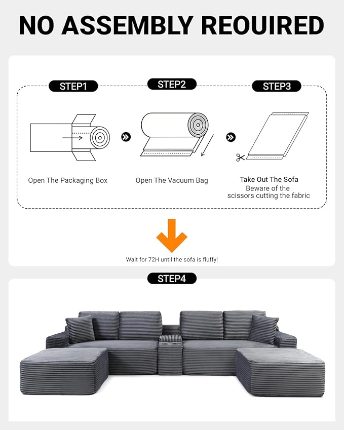 150" Oversized Modular Sectional Sofa,Deep Seat Cloud Corduroy Boneless Couch with Cup Holders,USB Ports, Wireless Charging & Storage Box,Upholstered Modular Sleeper Sofa for Living Room (Grey)