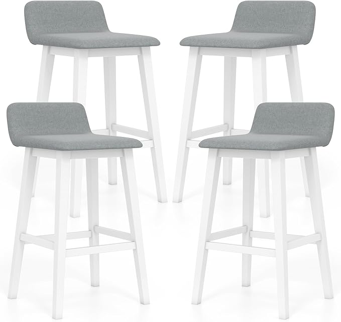 COSTWAY Wooden Bar Stools Set of 4, 29-inch Height Upholstered Padded Seat, Low Backrest, Footrest, Rubber Wood Legs, Armless Bar Chairs for Kitchen Counter Island, Dining Room, White+Gray