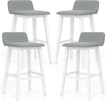 COSTWAY Wooden Bar Stools Set of 4, 29-inch Height Upholstered Padded Seat, Low Backrest, Footrest, Rubber Wood Legs, Armless Bar Chairs for Kitchen Counter Island, Dining Room, White+Gray