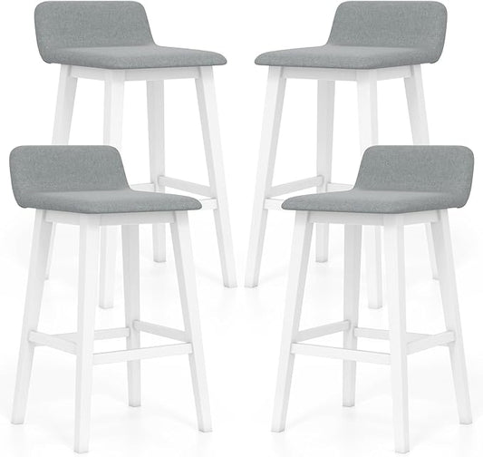 COSTWAY Wooden Bar Stools Set of 4, 29-inch Height Upholstered Padded Seat, Low Backrest, Footrest, Rubber Wood Legs, Armless Bar Chairs for Kitchen Counter Island, Dining Room, White+Gray