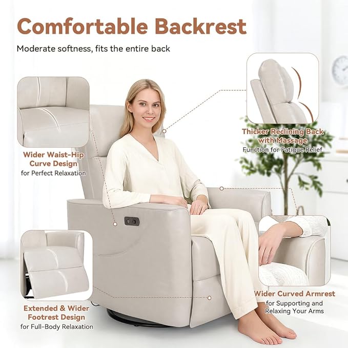 Himimi Power Massage Recliner Chair, Oversized Swivel Rocker Chair with Vibration Massage and Heat, Glider Recliner for Adults, USB Charging, Side Pocket, Nursery, Living Room, Bedroom (Ivory)