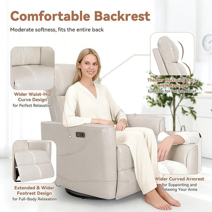 Himimi Power Massage Recliner Chair, Oversized Swivel Rocker Chair with Massage and Heat, Glider Recliner for Adults, USB Charging, Side Pocket, Nursery, Living Room, Bedroom, Ivory