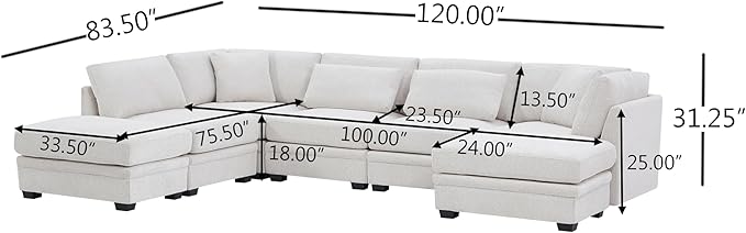 Christopher Knight Home Zery 7-Piece U-Shape Lounge Sofa Couch with Ottomans, Modern Modular Sectional Sofa Set with Pillow Back for Living Room, Chenille Upholstered Cloud Couch with Deep Seat,Beige