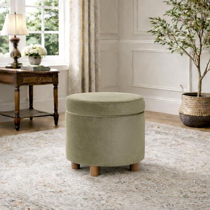 HomePop Home Decor | Upholstered Round Storage Ottoman | Ottoman with Storage for Living Room & Bedroom, Light Sage Green Velvet Large