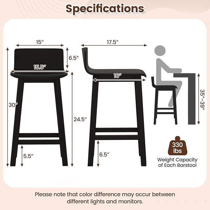 COSTWAY Solid Wood Bar Stools Set of 4, 24.5-inch Counter Height Chairs with Low Back and Footrest, Farmhouse Wooden Armless barstools for Kitchen Island, Dining Room, Cafe, Breakfast, Black