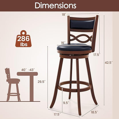 COSTWAY Bar Stools Set of 4, 29.5” Bar Height Stools with Rubber Wood Frame, Faux Leather Upholstered Seat and Backrest, Swivel Barstools for Kitchen Island, Pub, Brown (4, Seat Height: 29.5”)