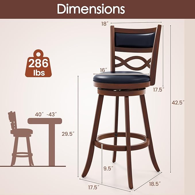 COSTWAY Bar Stools Set of 2, 29.5” Bar Height Stools with Rubber Wood Frame, Faux Leather Upholstered Seat and Backrest, Swivel Barstools for Kitchen Island, Pub, Brown (2, Seat Height: 29.5”)