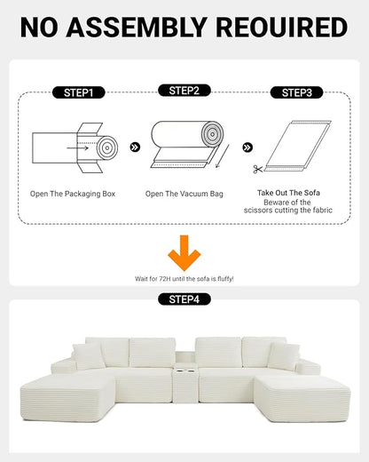 150" Oversized Modular Sectional Sofa,Deep Seat Cloud Corduroy Boneless Couch with Cup Holders,USB Ports, Wireless Charging & Storage Box,Upholstered Modular Sleeper Sofa for Living Room (Beige)