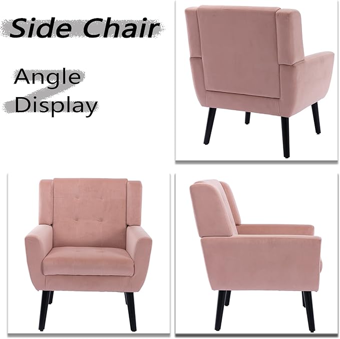 Dolonm Midcentury Modern Velvet Accent Chair with Arms, Upholstered Reading Side Chair Tufted Back Decorative Wingback Chair for Living Room Bedroom (Pink)