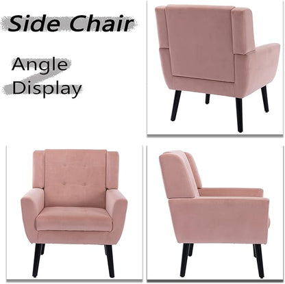 Dolonm Midcentury Modern Velvet Accent Chair with Arms, Upholstered Reading Side Chair Tufted Back Decorative Wingback Chair for Living Room Bedroom (Pink)