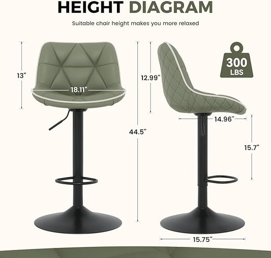 Nalupatio Bar Stools Set of 4, Adjustable Swivel Counter Height Bar Stools with Back, Armless Modern Barstools for Kitchen Island & Home Bar, Upholstered Seat,（Green）