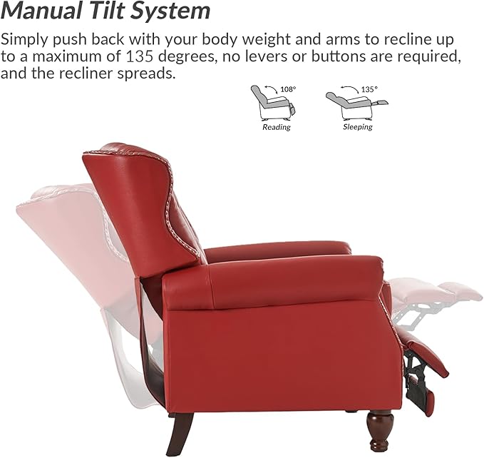 HULALA HOME Genuine Leather Recliner Chair Set of 2 w/Solid Wood Feet, Modern Adjustable Tufted Push Back Arm Chair w/Rivet Decoration, Home Theater Seating Reclining Sofa for Living Room, RED