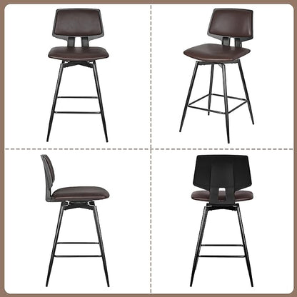 VECELO Swivel Leather Bar Stools Set of 4, Counter Height Barstools with Back, Metal Legs, 35.2-Inch Tall Barstools for Kitchen Island, Home Bar, Cafe, Brown