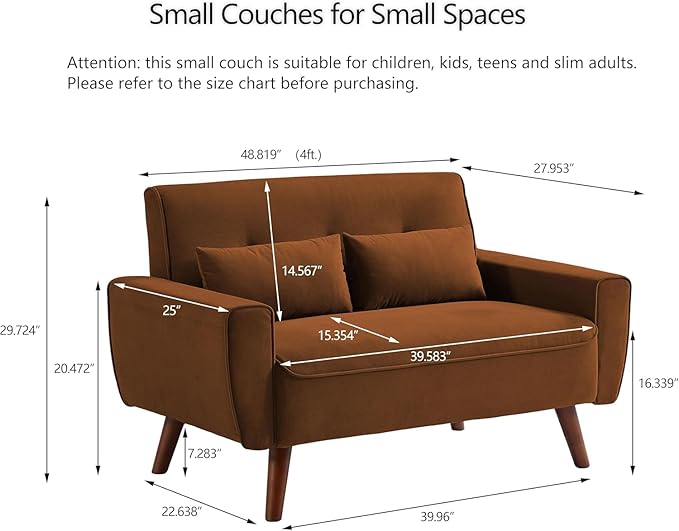 48.8" Small Loveseat Sofa, Mid Century Modern Love Seat Couch with Back Cushions and Plastic Legs, 2 Seater Couches for Living Room, Bedroom, Small Spaces, Orange