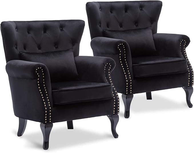 Accent Reading Arm Chairs Set of 2 for Living Room Bedroom, Midcentury Modern Comfy Corner Sofa Chair, Wingback Waiting Room Club Chair with Button Tufted Back &Lumbar Pillow, Velvet Black