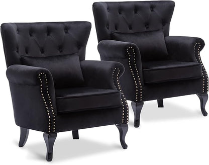 Accent Reading Arm Chairs Set of 2 for Living Room Bedroom, Midcentury Modern Comfy Corner Sofa Chair, Wingback Waiting Room Club Chair with Button Tufted Back &Lumbar Pillow, Velvet Black
