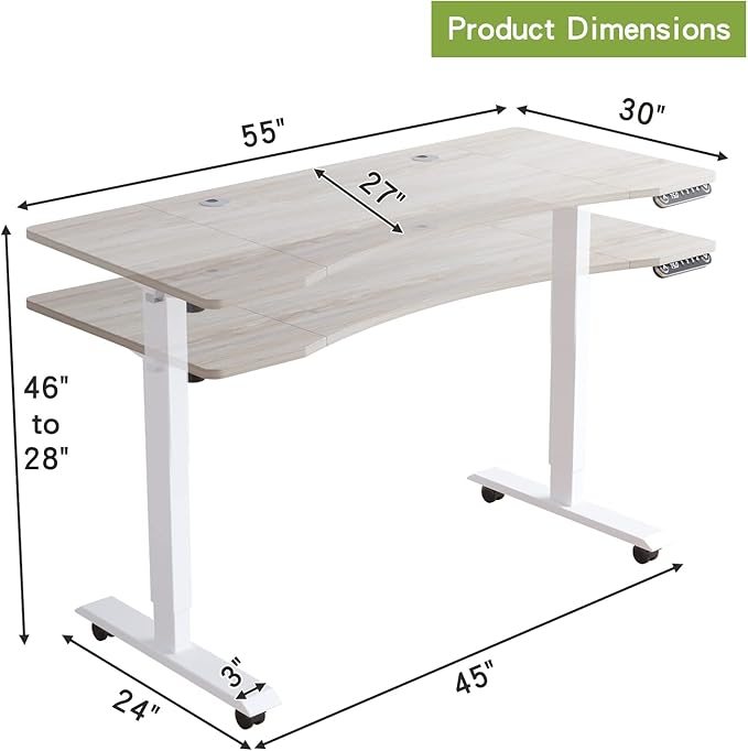 Radlove Electric Standing Desk, 55 x 30 Height Adjustable Computer Desk Sit Stand Desk Home Office Desks with Splice Board and A Under Desk Cable Management Tray (White Frame + Oak Top)