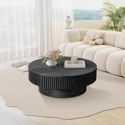 31.5'' Round Coffee Table for Living Room, Fluted Coffee Table with Hidden Storage, Solid Wood Veneered Circle Table, Modern Tea Table for Small Space Apartment (Black)